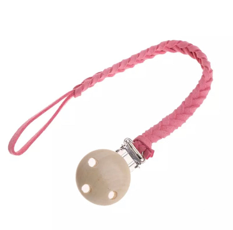 Braided Leather Pacifier Clip in Rose Pink