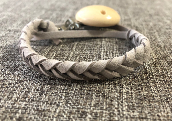 Braided Leather Pacifier Clip in Cloudy Gray